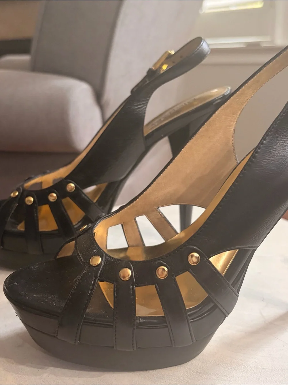 Michael Kors Black Leather Platform Slingback Sandals with Gold Insole